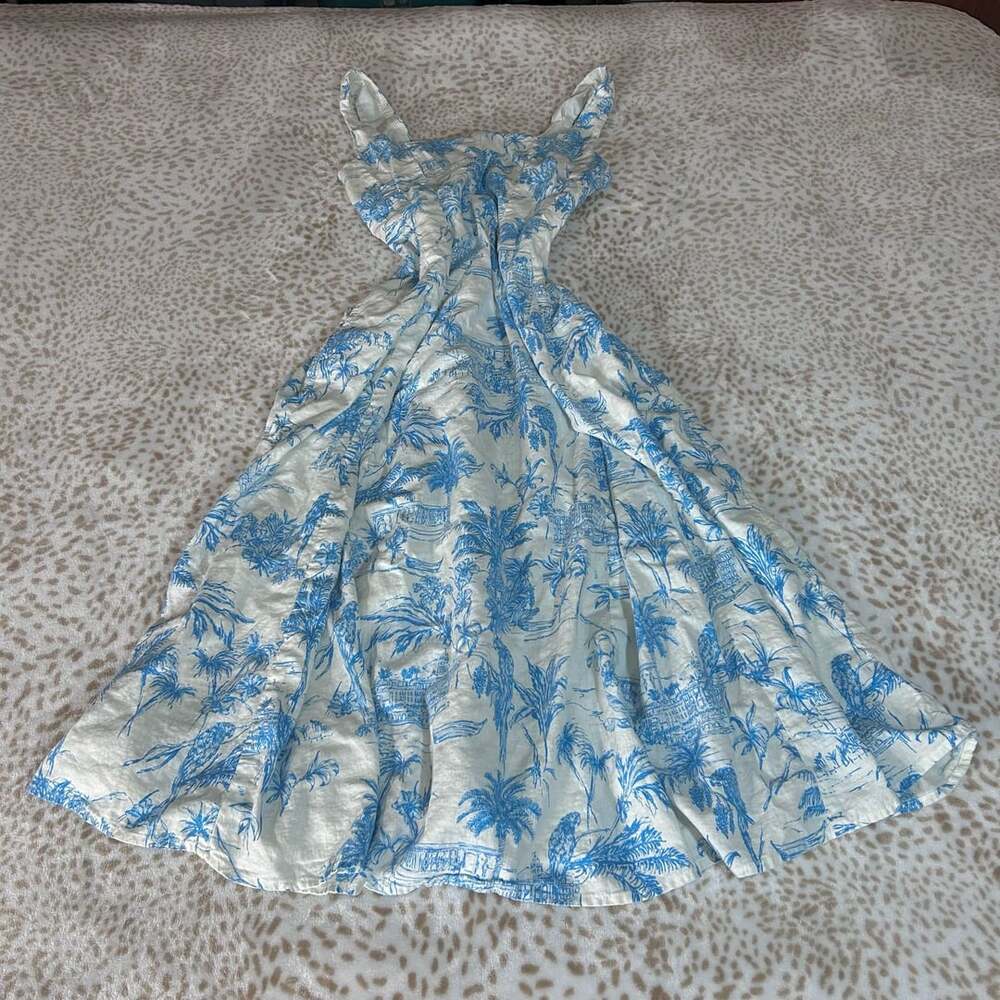 Joie Blue and White Toile Palm Print Square Neck Midi Dress Size 8
